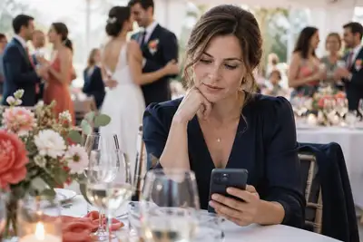 Žena po třicítce se během svatební oslavy dívá na telefon
