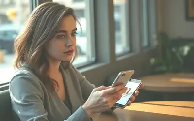 Žena v kavárně prochází seznamovací aplikaci na telefonu