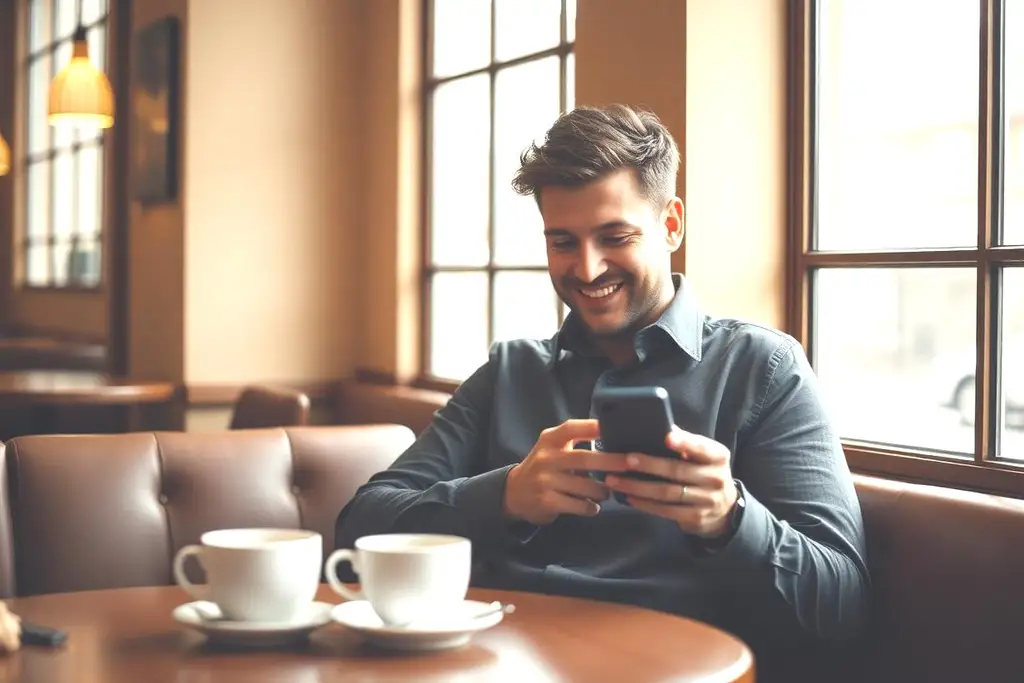 Muž v kavárně přemýšlivě píše text na telefonu