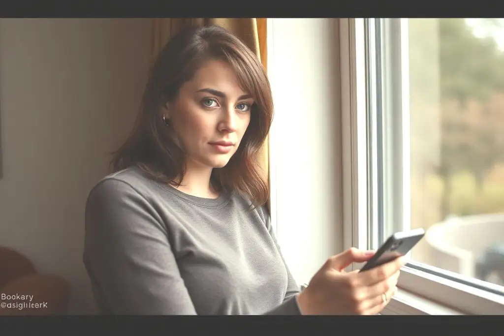 Žena si zamyšleně prohlíží zprávu na telefonu