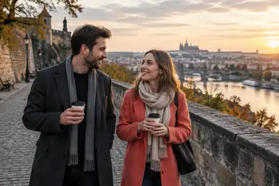 Pár na prvním rande s kávou při procházce po Vyšehradě
