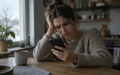 Žena u kuchyňského stolu zmateně prochází starou konverzaci v telefonu
