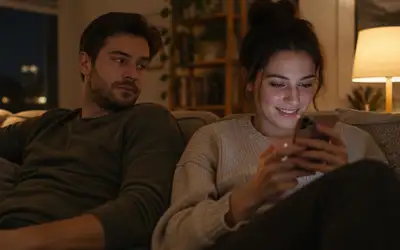 Muž na gauči pokukuje po partnerčině telefonu, zatímco se ona usmívá na displej