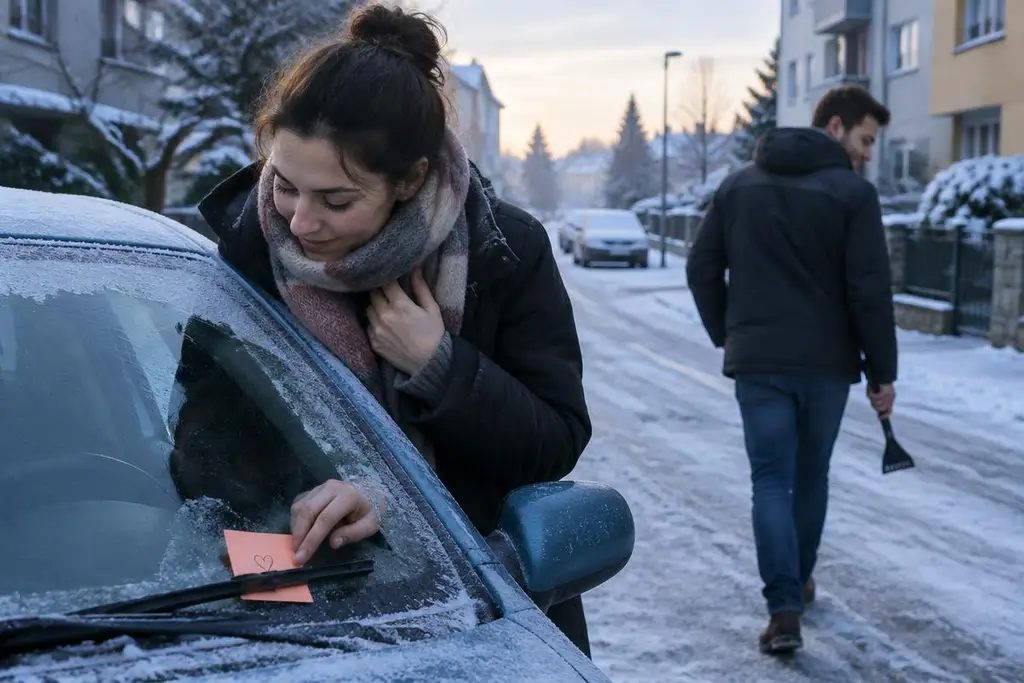 Žena objevuje na očištěném čelním skle auta lístek od partnera