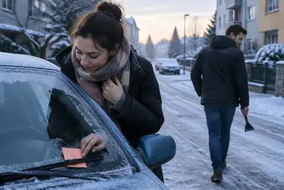 Žena objevuje na očištěném čelním skle auta lístek od partnera