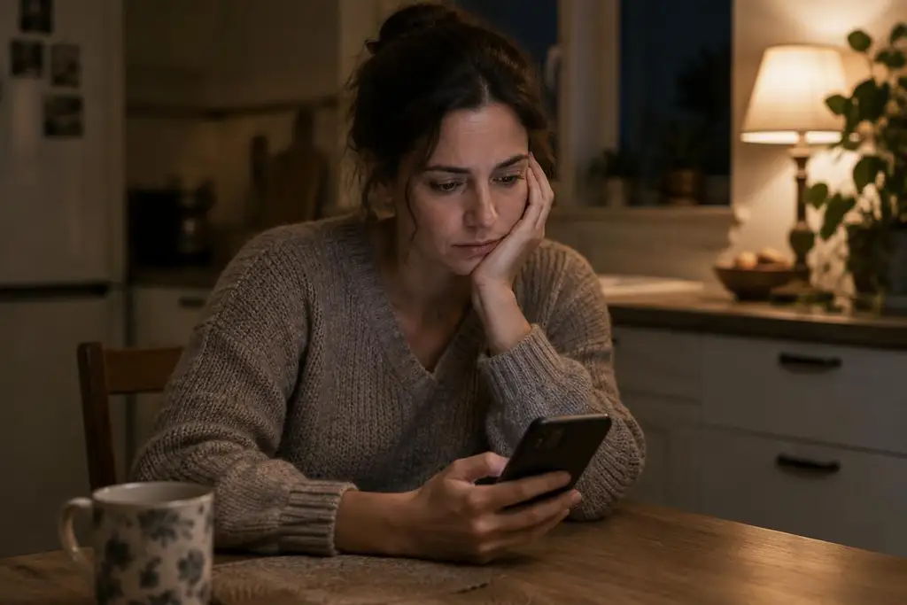 Žena u večeře zamrazeně sleduje zprávu na telefonu